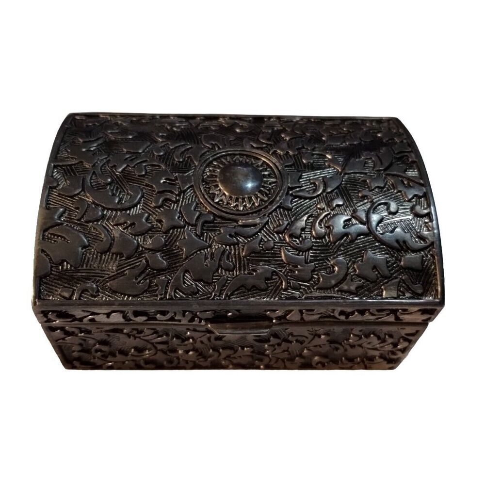 Ornate Jewelry Trinket Box Silver Tone Zinc Alloy Vine Hinged Lid Etched Lined
